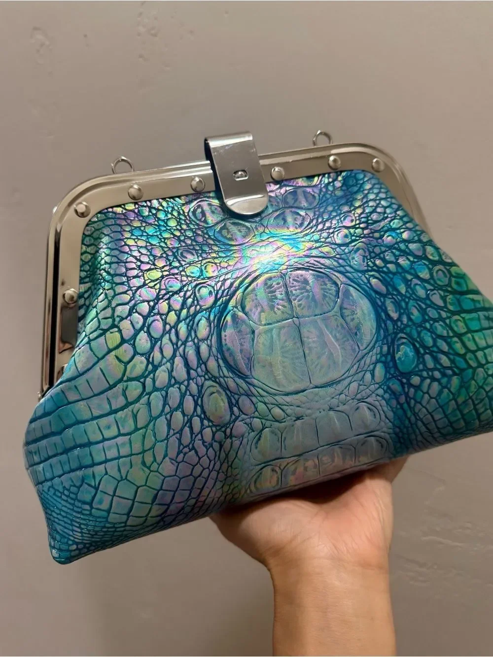 Iridescent Croc-Embossed Cowhide Handmade Unique Rivet Frame Bag, Large Size
